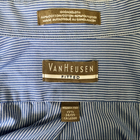 Van Heusen Men’s Fitted Blue & White Stripe Button Down Shirt WrinkleFree 15 1/2 - Picture 5 of 6